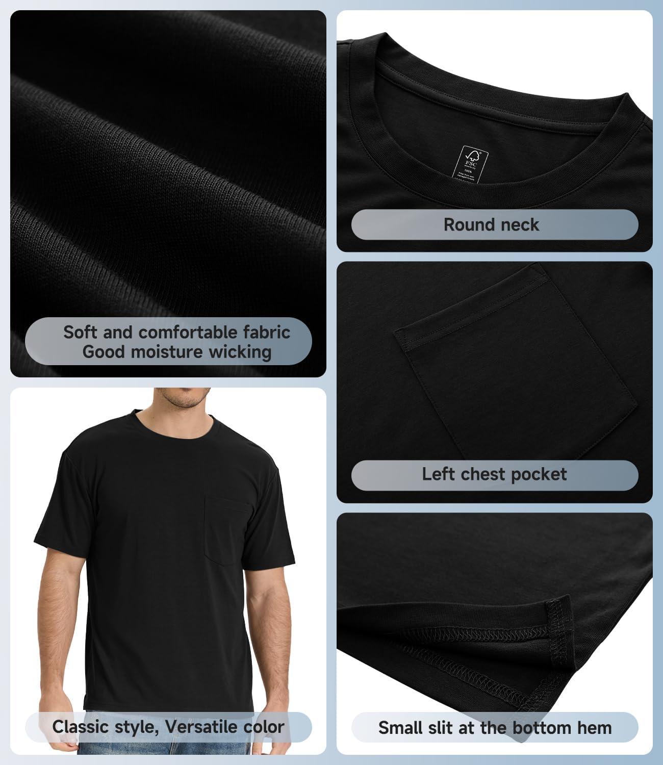 imageBAMBOO COOL Mens Pocket TShirts Crew Neck Tee Short Sleeve Shirts Soft Comfortable Classic Tshirt Undershirts for MenAblack