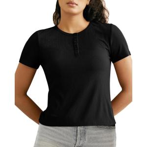 imageBAMBOO COOL Womens Henley T Shirts Short Sleeve SlimFit Tees Tops for Women Trendy Fashion BlouseBlack