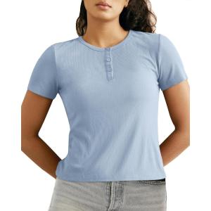 imageBAMBOO COOL Womens Henley T Shirts Short Sleeve SlimFit Tees Tops for Women Trendy Fashion BlouseBlue