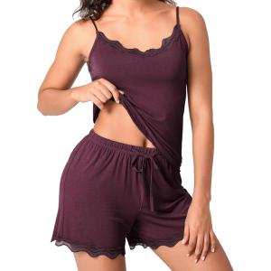 imageBAMBOO COOL Womens Pajama Sets Lace Trim PJ Set with Shorts Sexy Ruffles Sleepwear for WomenAred