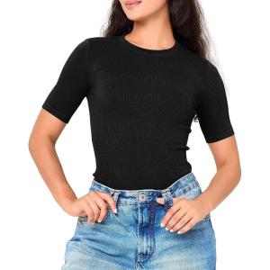 imageBAMBOO COOL Womens Seamless Tight TShirts Slim Fit Basic Ribbed Tees Short Sleeve Crew Neck TopBlack