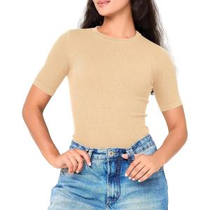 imageBAMBOO COOL Womens Seamless Tight TShirts Slim Fit Basic Ribbed Tees Short Sleeve Crew Neck TopMilky Tea