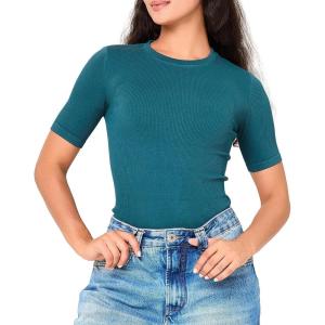 imageBAMBOO COOL Womens Seamless Tight TShirts Slim Fit Basic Ribbed Tees Short Sleeve Crew Neck TopPeacock Blue