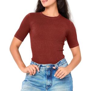 imageBAMBOO COOL Womens Seamless Tight TShirts Slim Fit Basic Ribbed Tees Short Sleeve Crew Neck TopRed