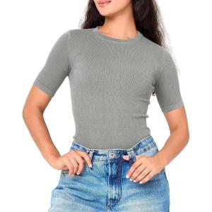 imageBAMBOO COOL Womens Seamless Tight TShirts Slim Fit Basic Ribbed Tees Short Sleeve Crew Neck TopSilver Gray