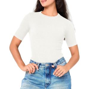 imageBAMBOO COOL Womens Seamless Tight TShirts Slim Fit Basic Ribbed Tees Short Sleeve Crew Neck TopWhite
