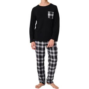 imageBAMBOO COOL Mens Plaid Pajamas Set Soft Sleepwear Long Sleeve Shirts and Woven Pants Lightweight Loungewear Pjs with PocketsBlackWhite Plaid
