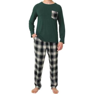 imageBAMBOO COOL Mens Plaid Pajamas Set Soft Sleepwear Long Sleeve Shirts and Woven Pants Lightweight Loungewear Pjs with PocketsGreenGreen Plaid